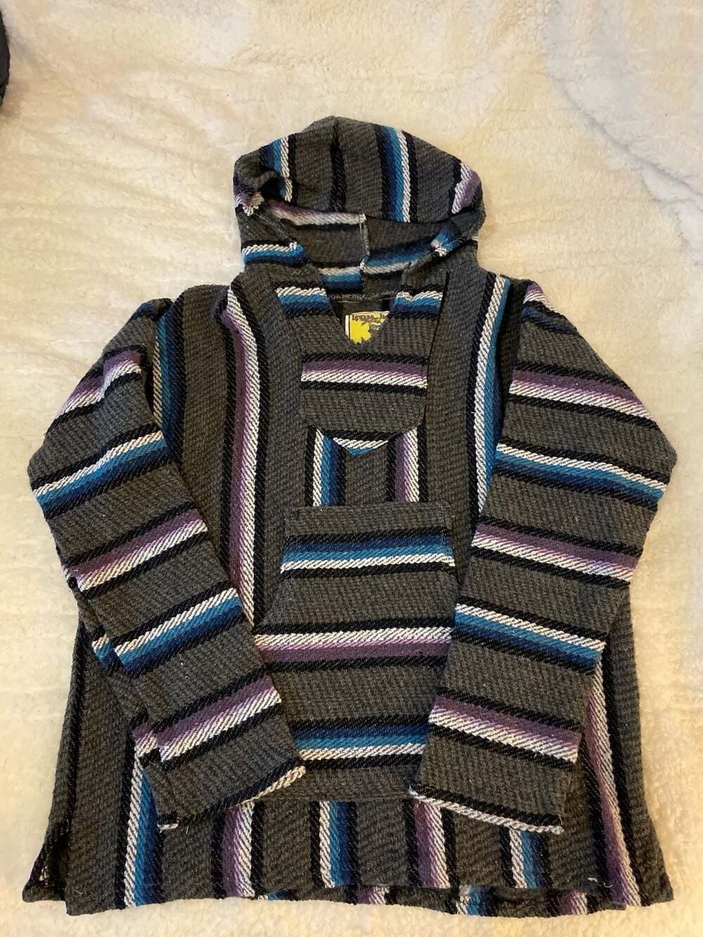 Iguana Jack XL Mexican Baja Hoodie Striped Drug Rug Pullover Grey Purple Blue